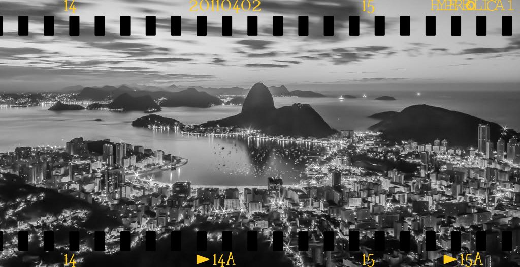 La bahía de Guanabara y el Pan de Azúcar, montados como un fotograma de película de 35 milímetros.
