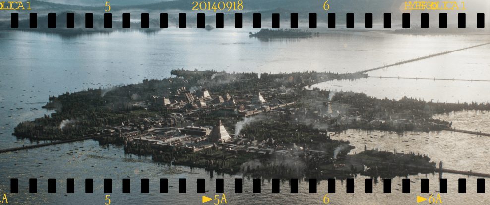Tenochtitlán sobre el lago, montada como un fotograma de película de 35 milímetros.